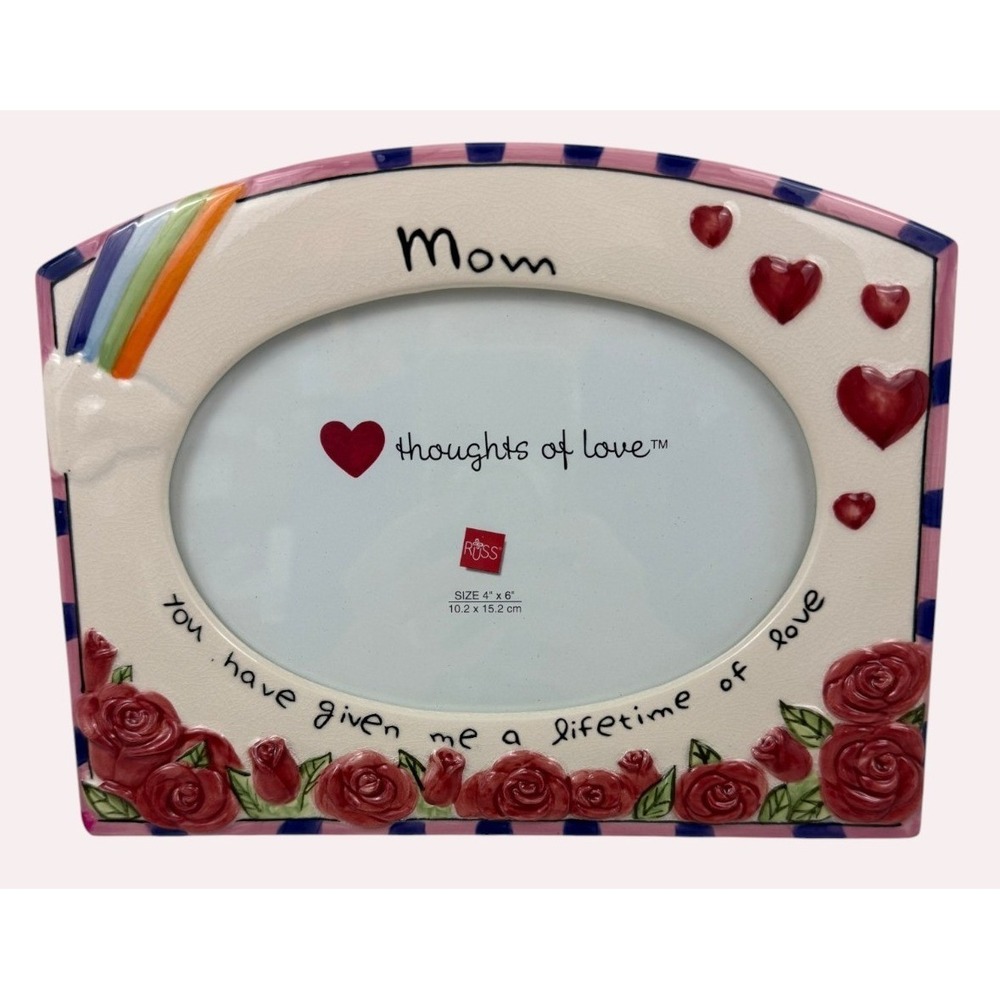 Russ Berrie Mom Thoughts of Love Ceramic 4x6 Picture Frame Hearts Roses Rainbow